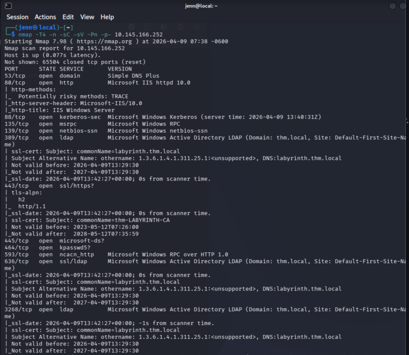 nmap scan confirming domain controller port cluster